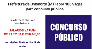 Prefeitura de Brasnorte (MT) abre 106 vagas para concurso público
